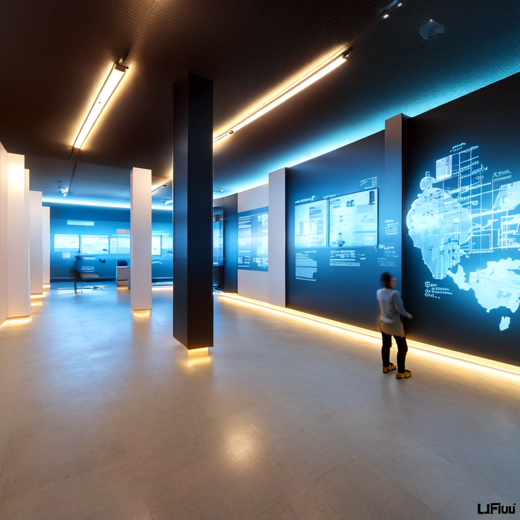 01284-1532956454-A minimalist science and technology museum, an exhibition hall, with a huge screen hanging on the wall, emitting blue light, a m.png